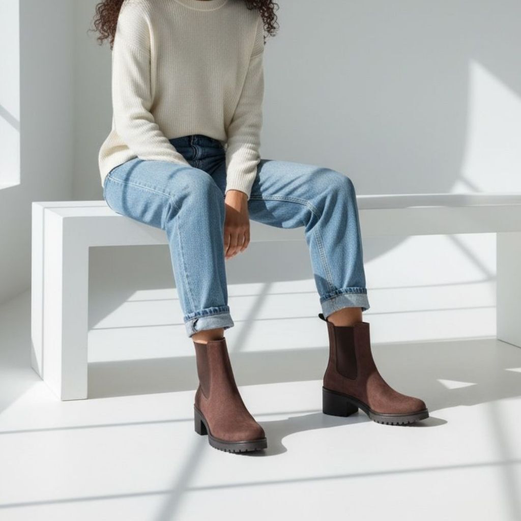 Kahve Lüx Süet İki Yandan Lastikli Kalın Topuklu Yuvarlak Burunlu Kadın Chelsea Bot