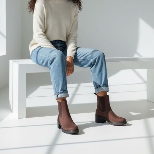 Kahve Lüx Süet İki Yandan Lastikli Kalın Topuklu Yuvarlak Burunlu Kadın Chelsea Bot