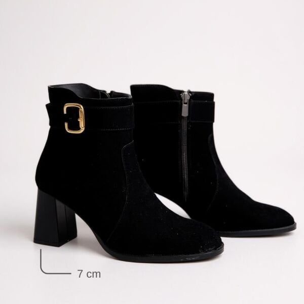 Siyah Süet Hakiki Deri Tokalı Kalın Topuklu Kadın Bot
