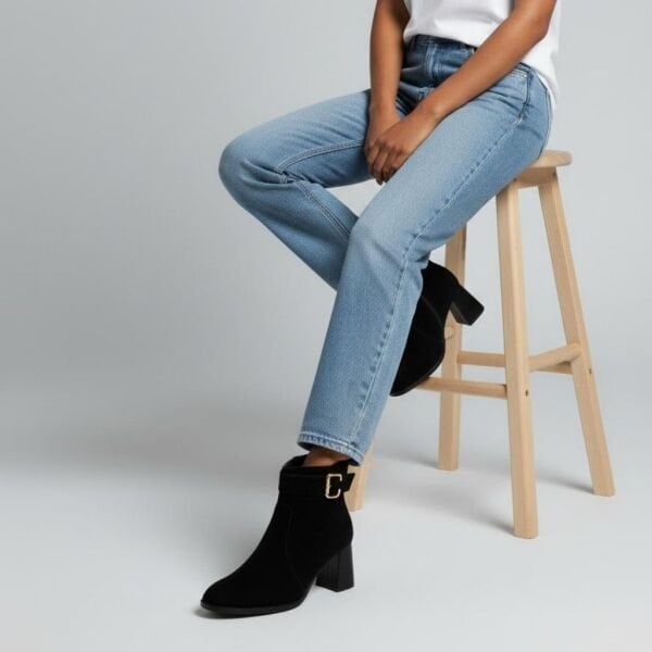 Siyah Süet Hakiki Deri Tokalı Kalın Topuklu Kadın Bot