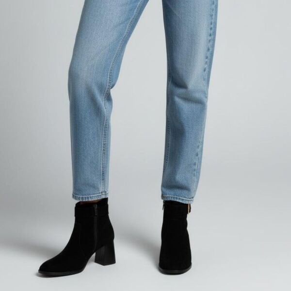 Siyah Süet Hakiki Deri Tokalı Kalın Topuklu Kadın Bot