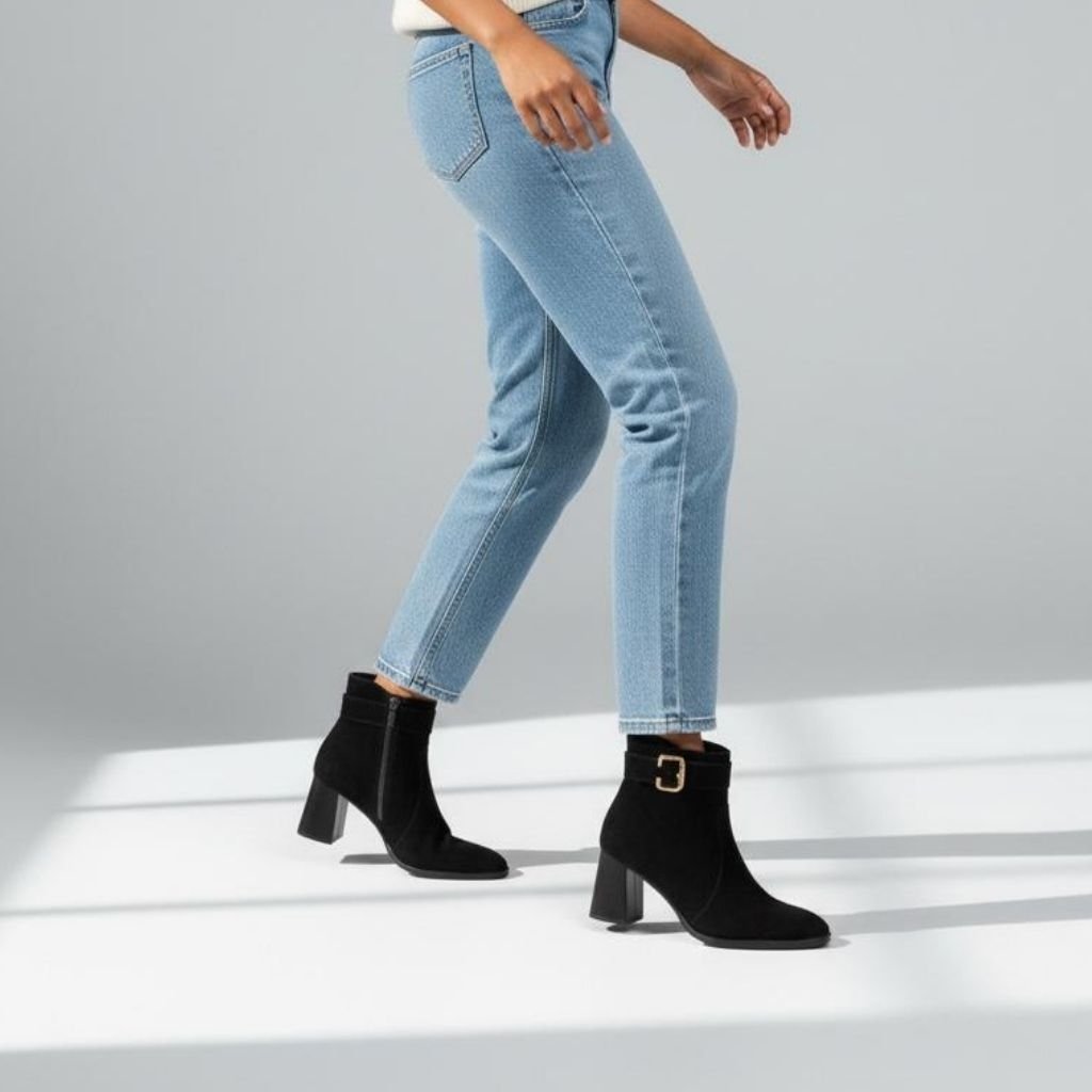 Siyah Süet Hakiki Deri Tokalı Kalın Topuklu Kadın Bot