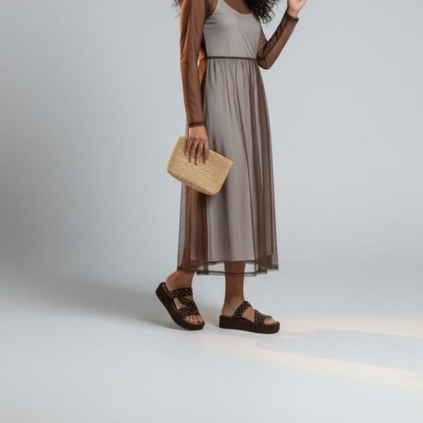 Kahve Süet Hakiki Deri Pimli Çapraz Bantlı Kadın Kalın Kaplama Tabanlı Sandalet Terlik