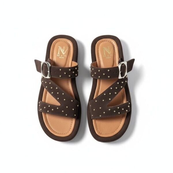 Kahve Süet Hakiki Deri Pimli Çapraz Bantlı Kadın Kalın Kaplama Tabanlı Sandalet Terlik