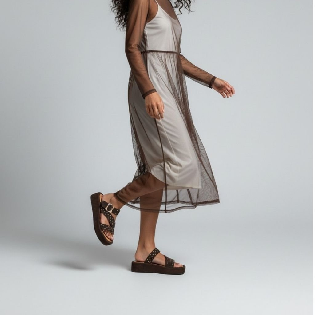 Kahve Süet Hakiki Deri Pimli Çapraz Bantlı Kadın Kalın Kaplama Tabanlı Sandalet Terlik