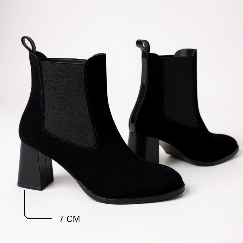 Siyah Süet Hakiki Deri İki Yandan Lastikli Kadın Kare Burunlu Kalın Topuklu Bot