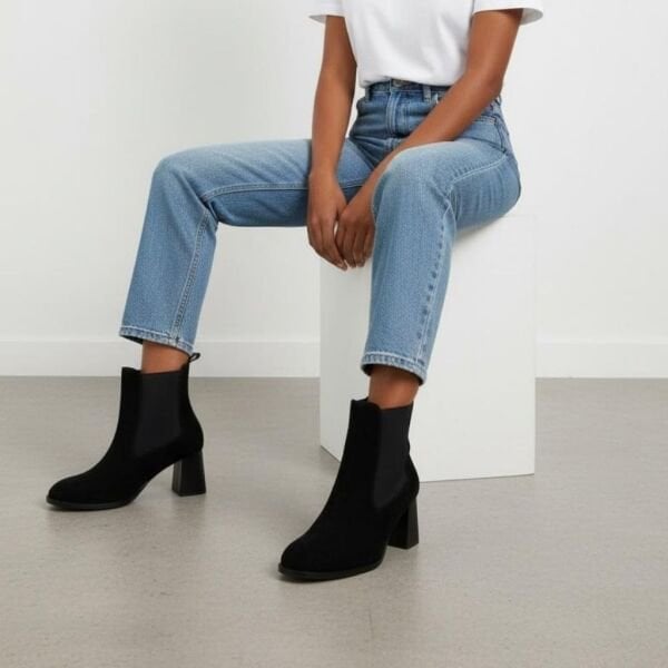 Siyah Süet Hakiki Deri İki Yandan Lastikli Kadın Kare Burunlu Kalın Topuklu Bot