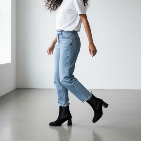 Siyah Süet Hakiki Deri İki Yandan Lastikli Kadın Kare Burunlu Kalın Topuklu Bot