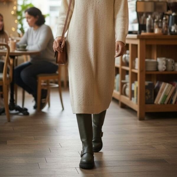 Haki Mat Deri Tokalı Kadın Çizme