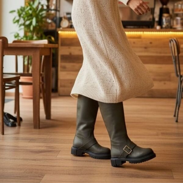 Haki Mat Deri Tokalı Kadın Çizme