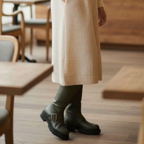 Haki Mat Deri Tokalı Kadın Çizme