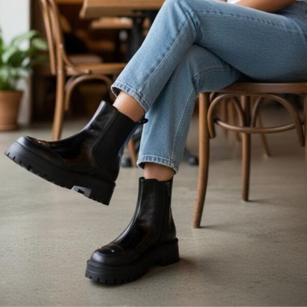 Siyah Hakiki Deri Rugan Garni Detylı Kadın Bot