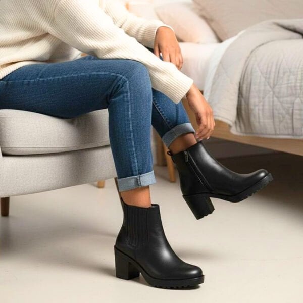 Siyah Hakiki Deri Lastik Detaylı Kadın İçten Fermuarlı Bot