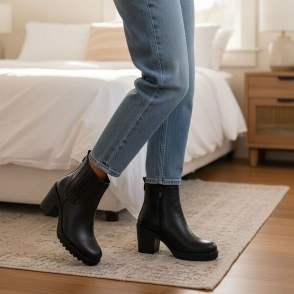 Siyah Hakiki Deri Lastik Detaylı Kadın İçten Fermuarlı Bot