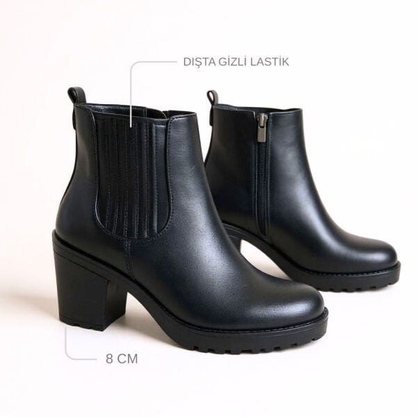 Siyah Hakiki Deri Lastik Detaylı Kadın İçten Fermuarlı Bot