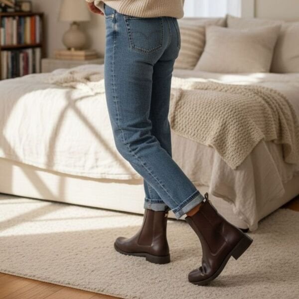 Kahve Deri İki Yandan Lastikli Kadın Chelsea Bot