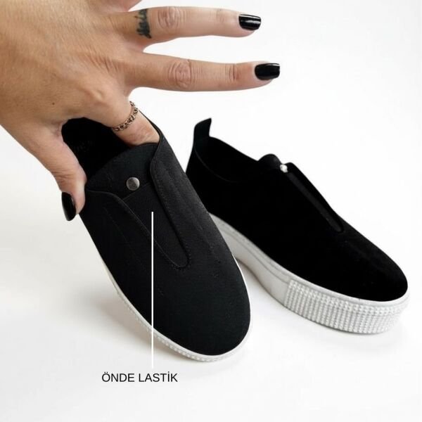 Siyah Süet Hakiki Deri Lastikli Kadın Günlük Sneaketr