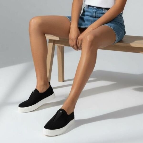 Siyah Süet Hakiki Deri Lastikli Kadın Günlük Sneaketr