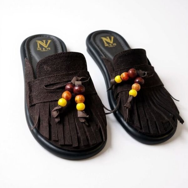 Kahve Süet 1hakiki Deri Boncuklu Kadın Sabo Terlik