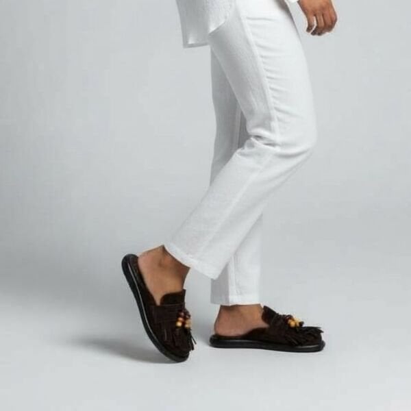 Kahve Süet 1hakiki Deri Boncuklu Kadın Sabo Terlik