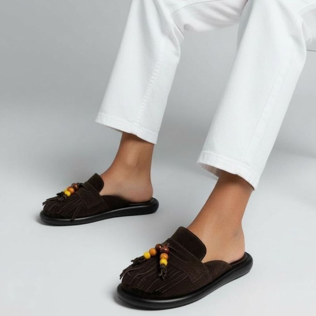 Kahve Süet 1hakiki Deri Boncuklu Kadın Sabo Terlik