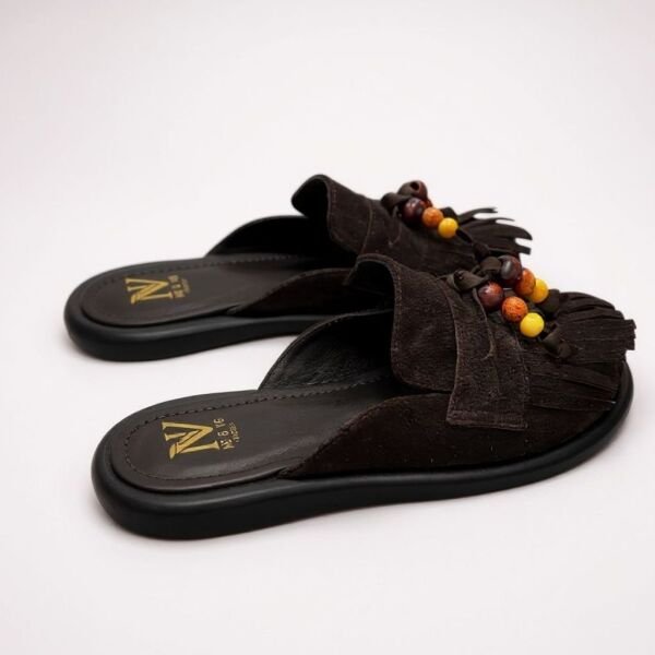 Kahve Süet 1hakiki Deri Boncuklu Kadın Sabo Terlik