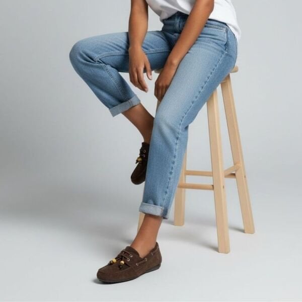 Kahve Süet Hakiki Deri Boncuklu Makosen Kadın Kolej Loafer