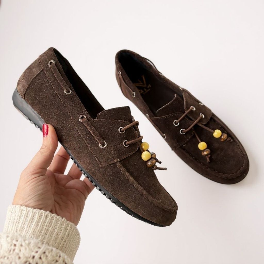 Kahve Süet Hakiki Deri Boncuklu Makosen Kadın Kolej Loafer