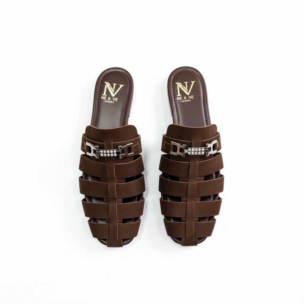 Kahve Süet Aksesuar Detaylı Kadın Kare Burun Sabo Terlik