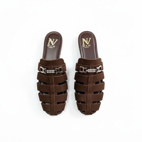 Kahve Süet Aksesuar Detaylı Kadın Kare Burun Sabo Terlik