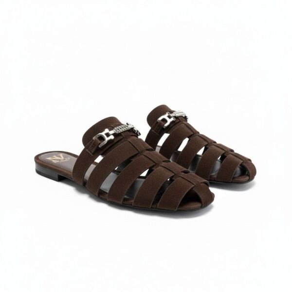 Kahve Süet Aksesuar Detaylı Kadın Kare Burun Sabo Terlik