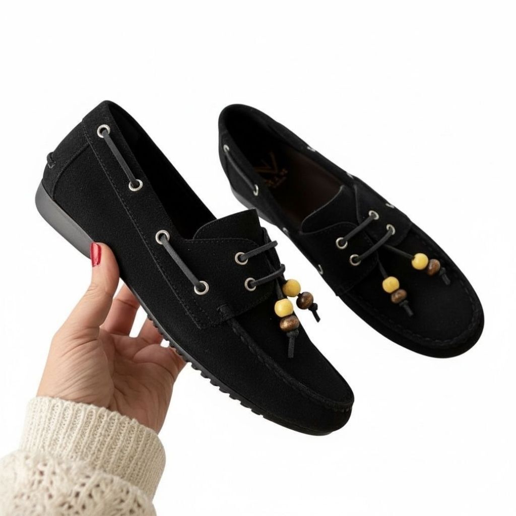 Kahve Süet Hakiki Deri Boncuklu Makosen Kadın Kolej Loafer Siyah - 40