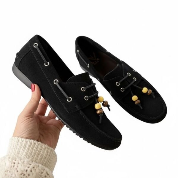 Kahve Süet Hakiki Deri Boncuklu Makosen Kadın Kolej Loafer Siyah - 40