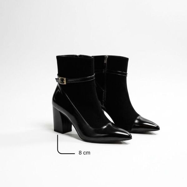 Siyah Süet Hakiki Deri Rugan Garnili Kadın Sivri Burun Kalın Topuklu Bot