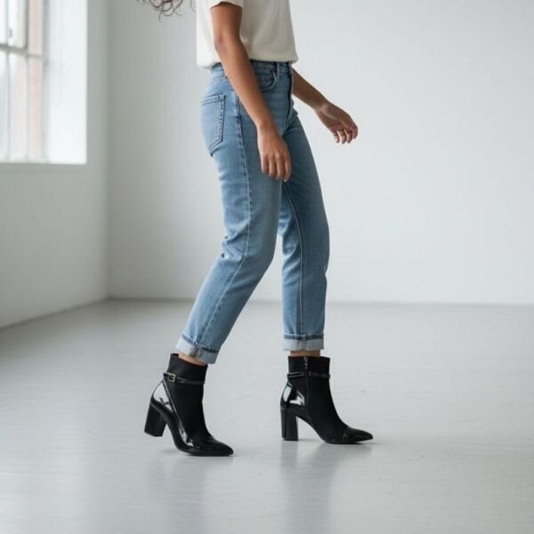 Siyah Süet Hakiki Deri Rugan Garnili Kadın Sivri Burun Kalın Topuklu Bot