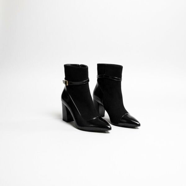 Siyah Süet Hakiki Deri Rugan Garnili Kadın Sivri Burun Kalın Topuklu Bot