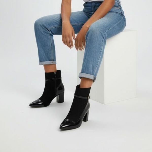 Siyah Süet Hakiki Deri Rugan Garnili Kadın Sivri Burun Kalın Topuklu Bot