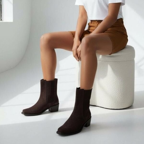 Kahve Süet Hakiki Deri İki Yandan Lastikli Kadın Western Bot