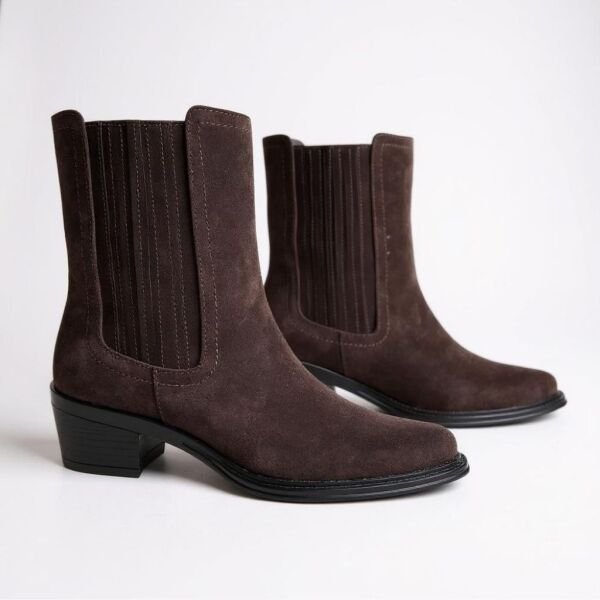 Kahve Süet Hakiki Deri İki Yandan Lastikli Kadın Western Bot