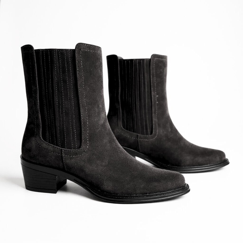 Kahve Süet Hakiki Deri İki Yandan Lastikli Kadın Western Bot Siyah - 36