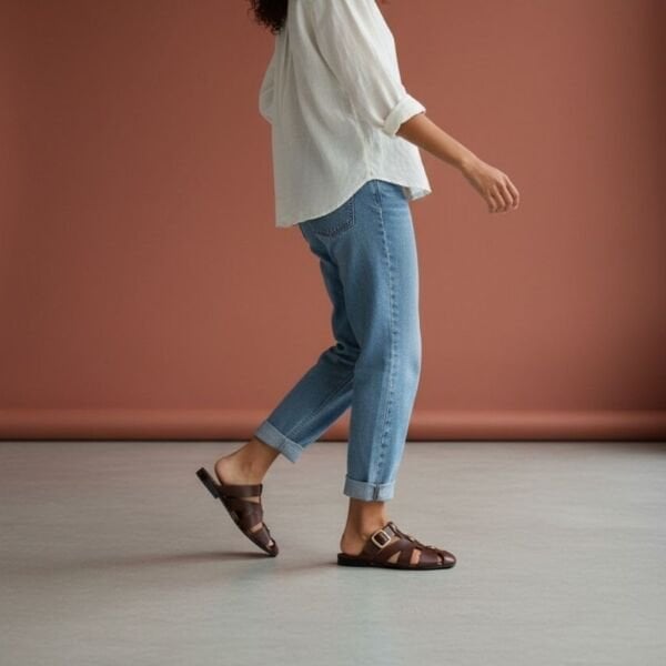 Kahve Deri Trok Detaylı Tokalı Kadın Kare Burunlu Sabo Terlik