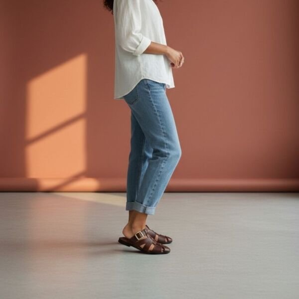 Kahve Deri Trok Detaylı Tokalı Kadın Kare Burunlu Sabo Terlik