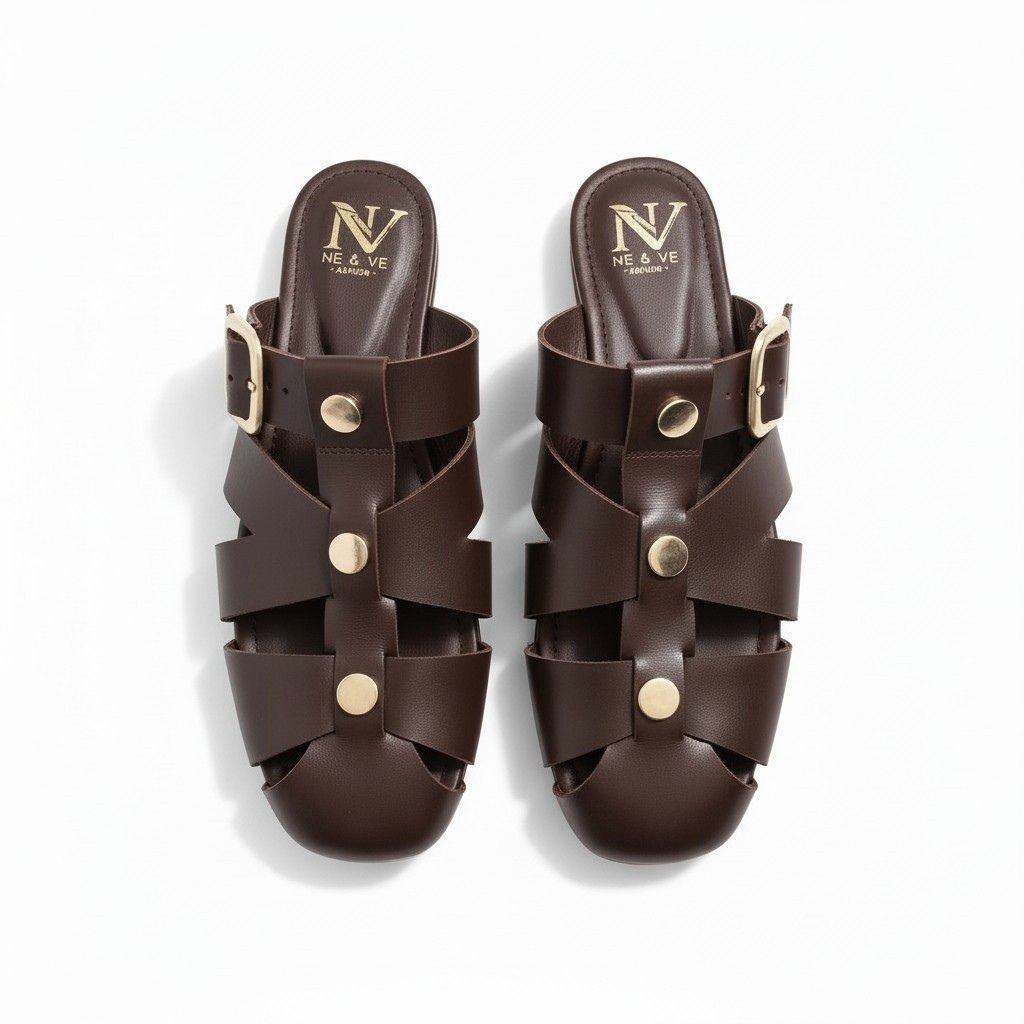 Kahve Deri Trok Detaylı Tokalı Kadın Kare Burunlu Sabo Terlik