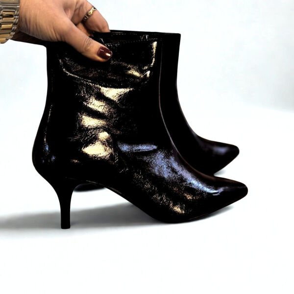 Acı Kahve Kırışık Rugan Sivri Burun Kadın Klasik Bot siyah rugan - 37