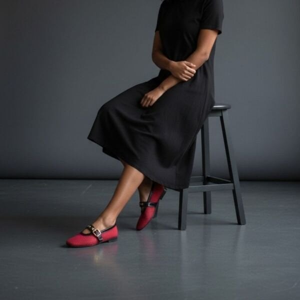 Bordo File Dokuma Tek Bantlı Yuvarlak Burun Kadın Şık ve Rahat Babet