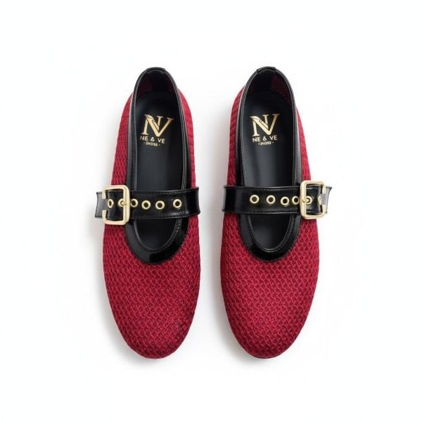 Bordo File Dokuma Tek Bantlı Yuvarlak Burun Kadın Şık ve Rahat Babet