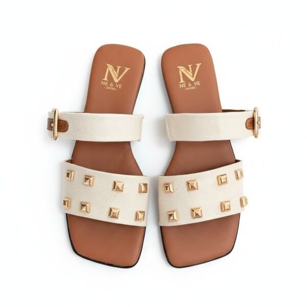 Bej Keten Aksesuar Detaylı İçten Lastikli Kare Burunlu Terlik