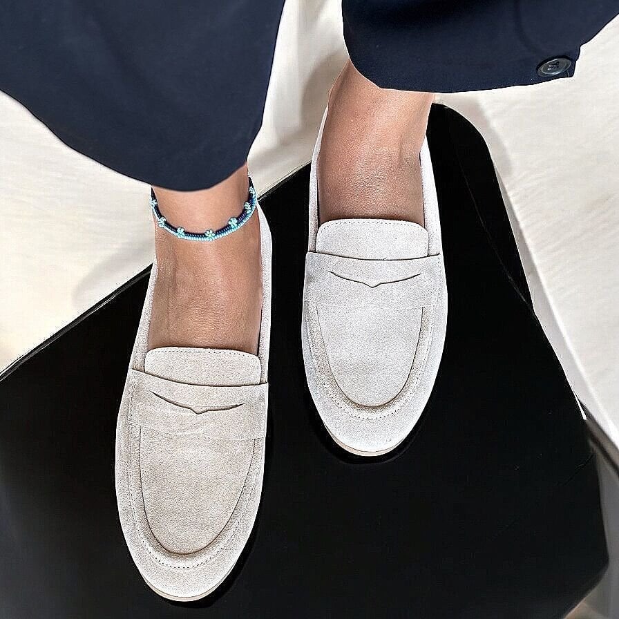 Ekru Süet Hakiki Deri Kadın Loafer Ayakkabı