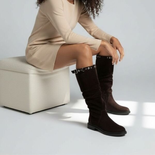 Kahve Süet Deri Diz Altı Aksesuar Detaylı Kadın Körüklü Çizme
