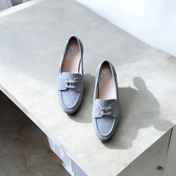 Gri Süet Hakiki Deri Kadın Loafer Ayakkabı